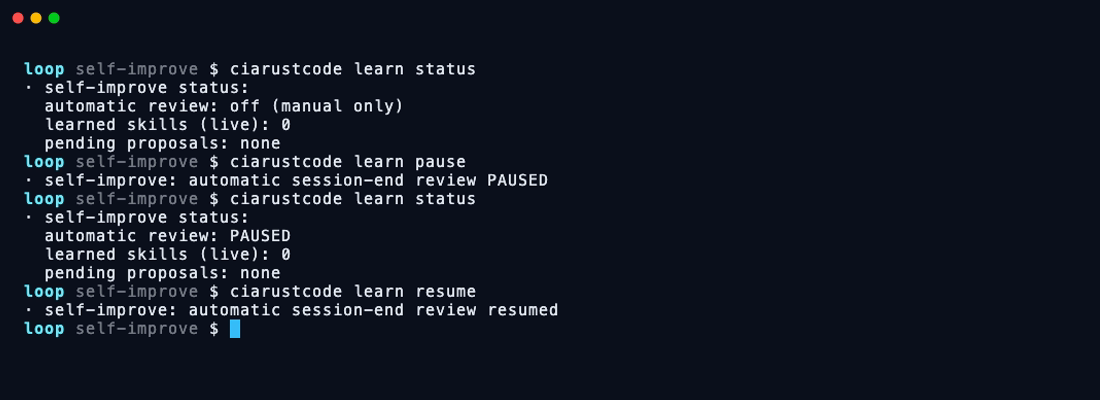 Terminal demo of the kill switch: 'learn status' shows automatic review off; 'learn pause' pauses it; 'learn status' now reports PAUSED; 'learn resume' brings it back.